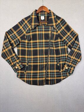 CAbi Plaid Shirt Jacket in Black, Mustard & Green Plaid Tartan, Asymmetrical, L